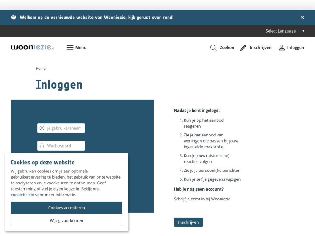 Inloggen bij Wooniezie Inloggen Bij